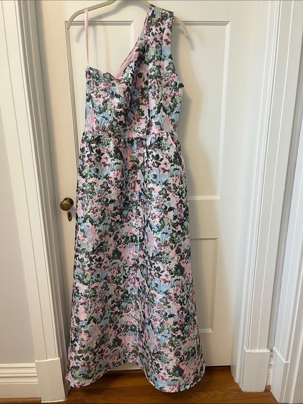 Abbey Glass One Shoulder Gown in Pink Abstract Floral Jacquard